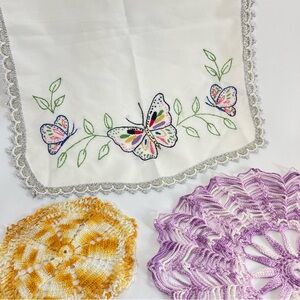 VTG 70s colorful retro funky dresser scarf doily lot of 3 butterfly embroidery